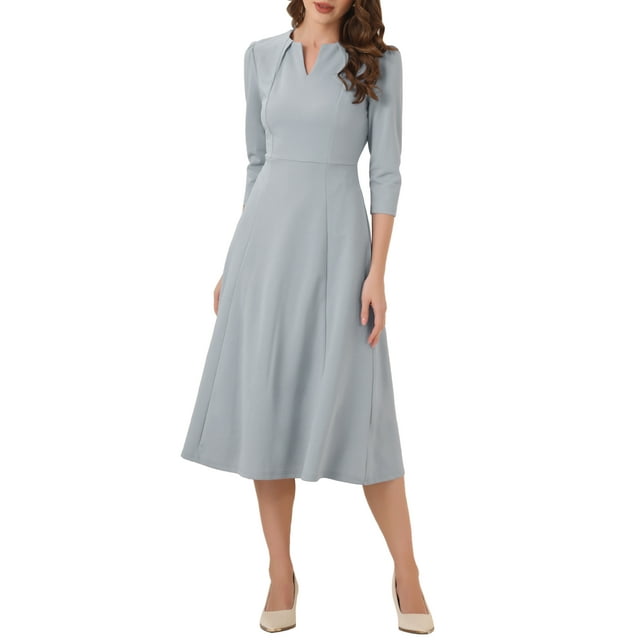 INSPIRE CHIC Women's 3/4 Sleeve Dresses V Neck Pockets Elegant A-Line Dress Work Business Fall Outfits M Grey