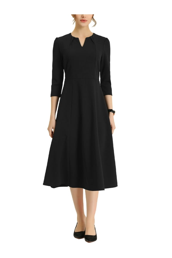 Women's Work Dress A Line 3/4 Sleeves Elegant Midi Dress Black XL