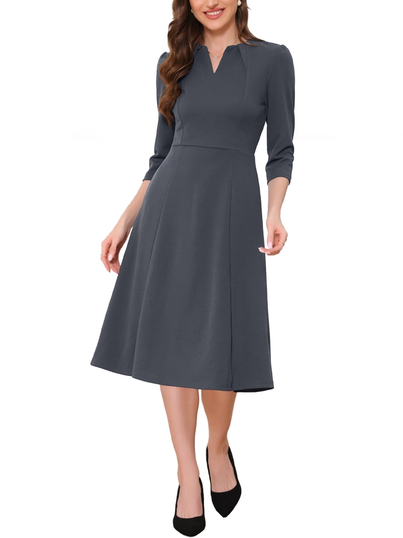 Inspire Chic Women's Work Dress A Line 3/4 Sleeves Elegant Midi Dress Dark Grey XL, Black