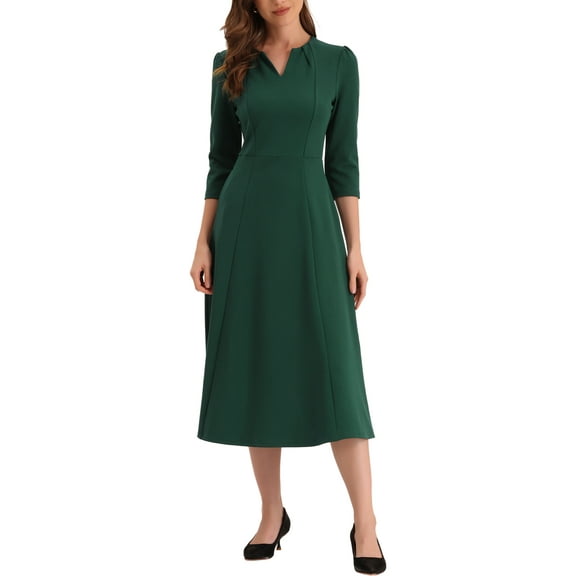 INSPIRE CHIC Women's Work Dress A Line 3/4 Sleeves Elegant Midi Dress XS Dark Green