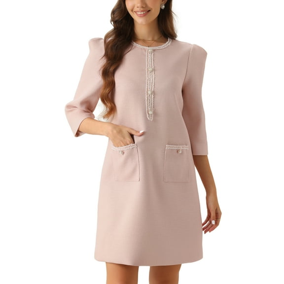 INSPIRE CHIC Women's 3/4 Sleeve Elegant Crew Neck Work A-Line Vintage Party Mini Dresses M Pink
