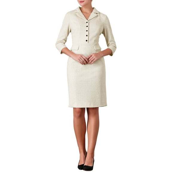 INSPIRE CHIC Women's 3/4 Sleeve Lapel Collar Button Down Sheath Tweed Dress S Beige White