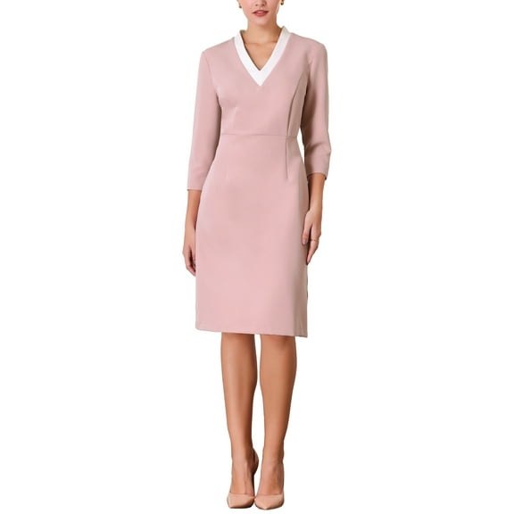 INSPIRE CHIC Women's 3/4 Sleeve Pencil Dress Contrast Color V Neck Elegant Work Sheath Dresses S Pink