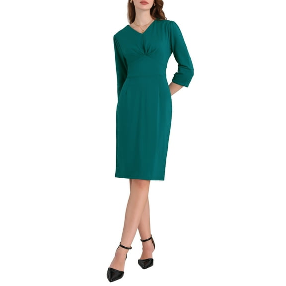 INSPIRE CHIC Women's 3/4 Sleeve Pencil Dress V Neck Pleated Front Vintage Wear to Work Sheath Dresses M Blue Green