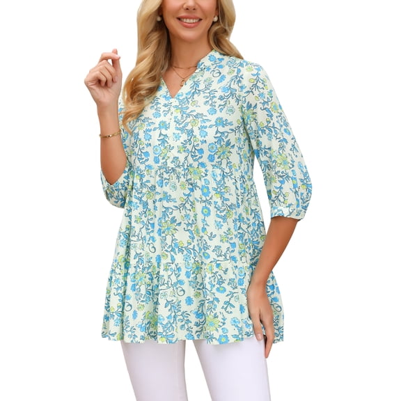 INSPIRE CHIC Women's 3/4 Sleeve Shirt Floral Print V Neck Tiered Ruffle Dressy Casual Beach Tunic Blouses L Beige