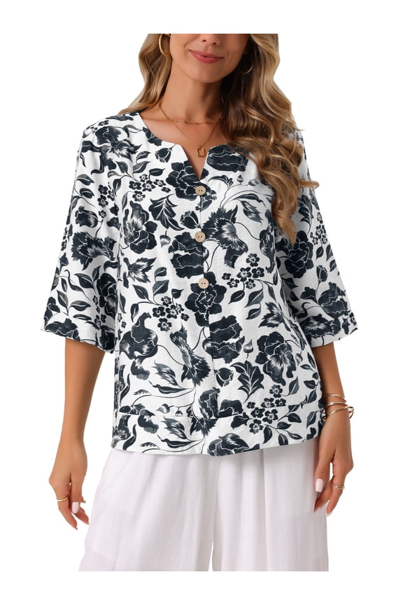 Easter Style Women's Boho Floral Blouse V Neck 3/4 Sleeve Tunic Top S Black