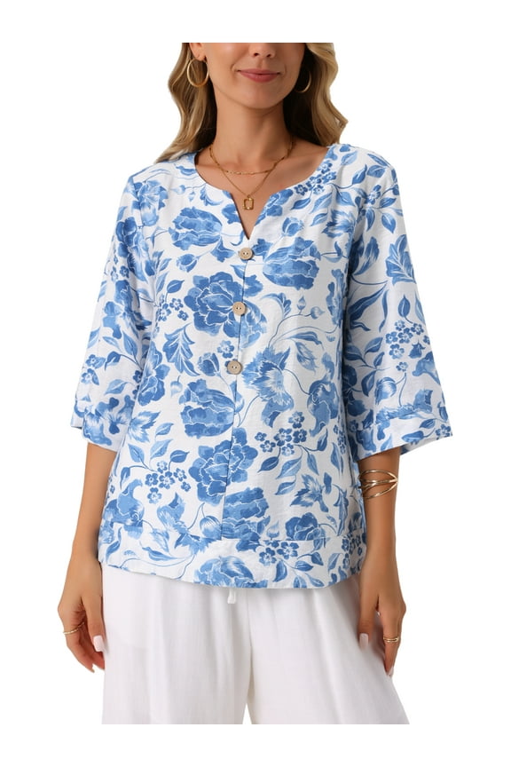 Women's Boho Floral Blouse V Neck 3/4 Sleeve Tunic Top XL Blue