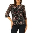 thumbnail image 1 of INSPIRE CHIC Women's Tops 3/4 Sleeves Ruffle Hem Floral Chiffon Shirt Blouses Black-Pink Yellow Floral 2XL, 1 of 7