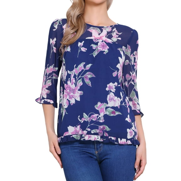 INSPIRE CHIC Women's Tops 3/4 Sleeves Ruffle Hem Floral Chiffon Shirt Blouses XS Dark Blue Pink