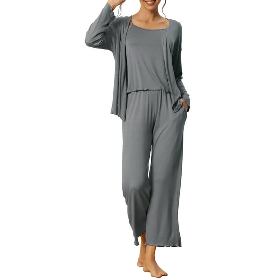 INSPIRE CHIC Women's 3 Pcs Sleepwear Solid Color Long Sleeve Cardigan Cami and Pants Pajama Set XL Grey