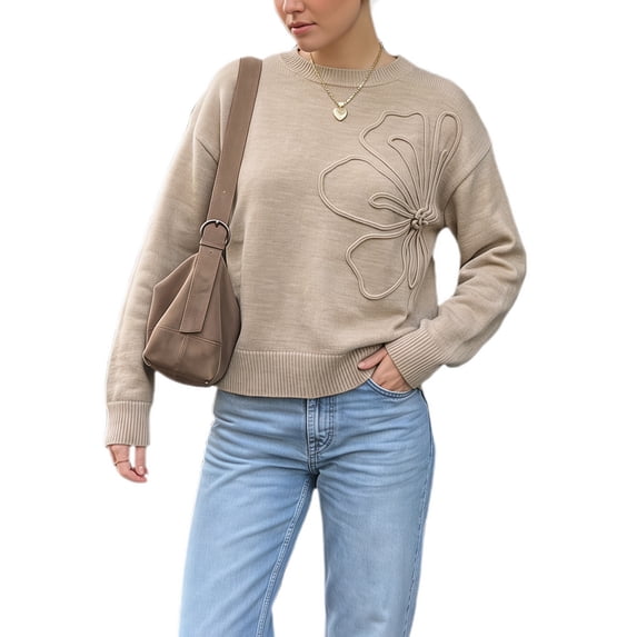 INSPIRE CHIC Women's 3D Floral Dropped Shoulders Knit Top Ribbed Crew Neck Long Sleeve Small Dark Khaki