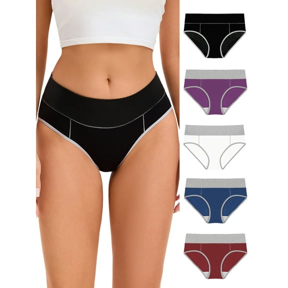 INSPIRE CHIC Women's 5 Packs Underpants Stretch Briefs Breathable Contrast Color Panties L Black, Purple, White, Blue, Burgundy