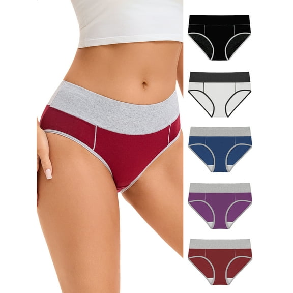 INSPIRE CHIC Women's 5 Packs Underpants Stretch Briefs Breathable Contrast Color Panties M Black, Grey, Blue, Purple, Burgundy