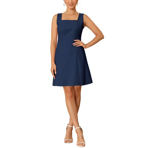 INSPIRE CHIC Women's 50s Mini Dress Sleeveless Square Neck A-Line Cocktail Party Short Dresses L Dark Blue