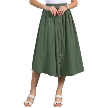 INSPIRE CHIC Women's A-Line Casual Cotton Elastic Waist Button Front with Pocket Midi Skirt XL Army Green