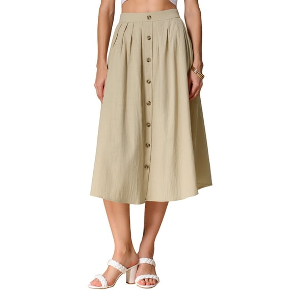 INSPIRE CHIC Women's A-Line Casual Cotton Elastic Waist Button Front with Pocket Midi Skirt XS Khaki