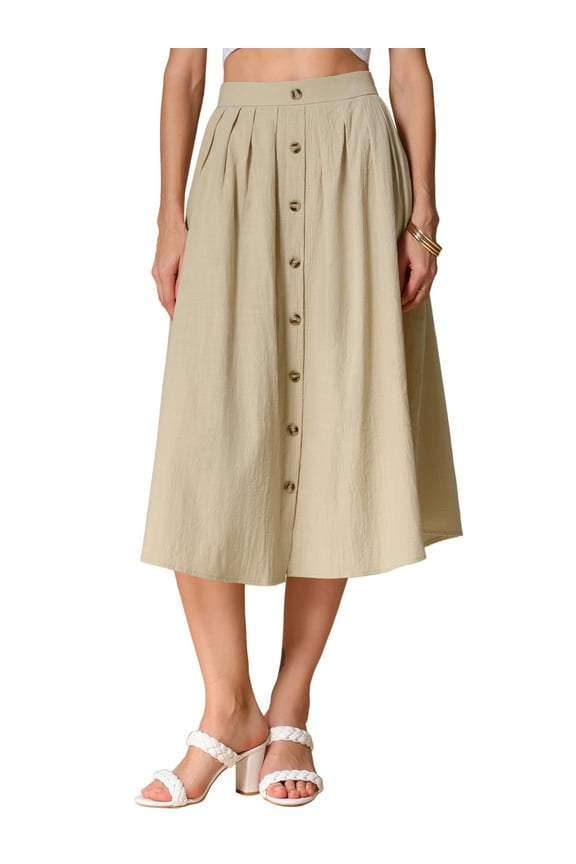 Women's A-Line Casual Cotton Elastic Waist Button Front with Pocket Midi Skirt XS Khaki