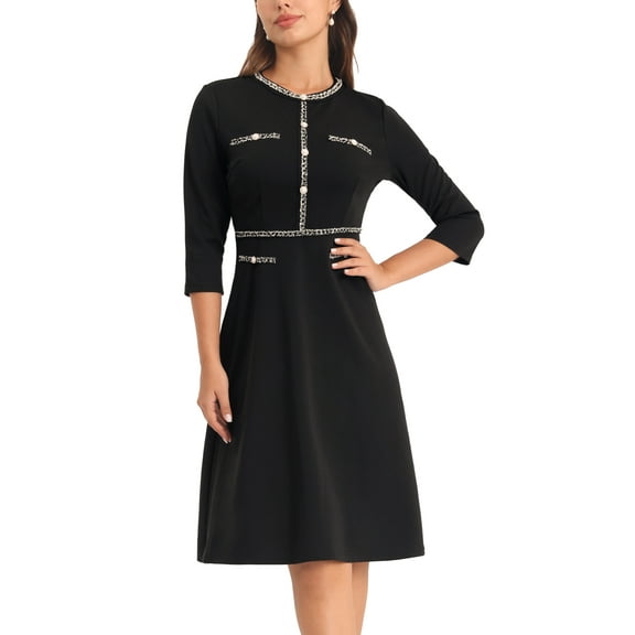 INSPIRE CHIC Women's A-Line Dress Contrast Color Wear-to-Work Tweed Trim Dresses 2XL Black