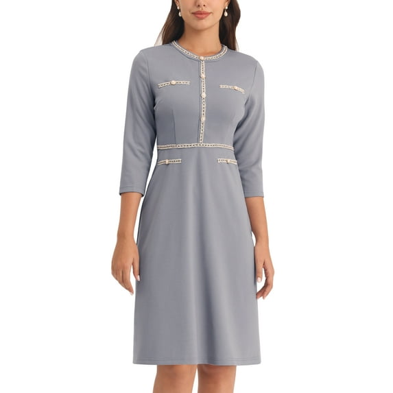 INSPIRE CHIC Women's A-Line Dress Contrast Color Wear-to-Work Tweed Trim Dresses L Grey