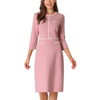INSPIRE CHIC Women's A-Line Dress Tweed Trim 3/4 Sleeve Office Work Dresses Pink M