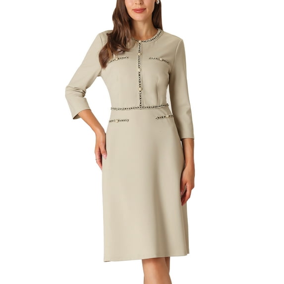 INSPIRE CHIC Women's A-Line Dress Contrast Color Wear-to-Work Tweed Trim Dresses L Grey Beige