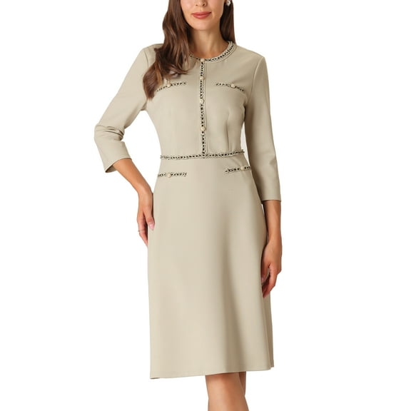 INSPIRE CHIC Women's A-Line Dress Contrast Color Wear-to-Work Tweed Trim Dresses S Grey Beige