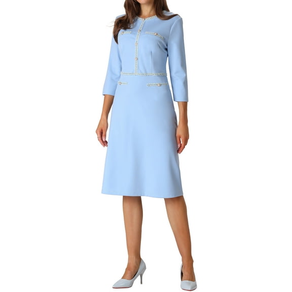 INSPIRE CHIC Women's A-Line Dress Contrast Color Wear-to-Work Tweed Trim Dresses S Blue