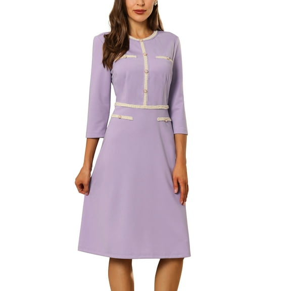 INSPIRE CHIC Women's A-Line Dress Contrast Color Wear-to-Work Tweed Trim Dresses S Purple