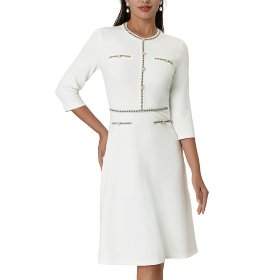 INSPIRE CHIC Women's A-Line Dress Contrast Color Wear-to-Work Tweed Trim Dresses S White
