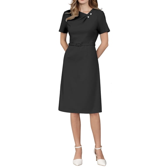 INSPIRE CHIC Women's A Line Dress Short Sleeve Asymmetrical Neck Elegant Business Work Dresses with Belted 2XL Black