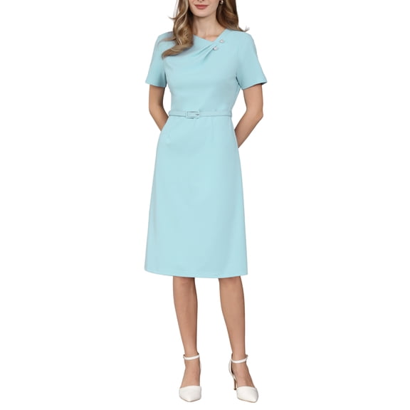 INSPIRE CHIC Women's A Line Dress Short Sleeve Asymmetrical Neck Elegant Business Work Dresses with Belted L Light Blue