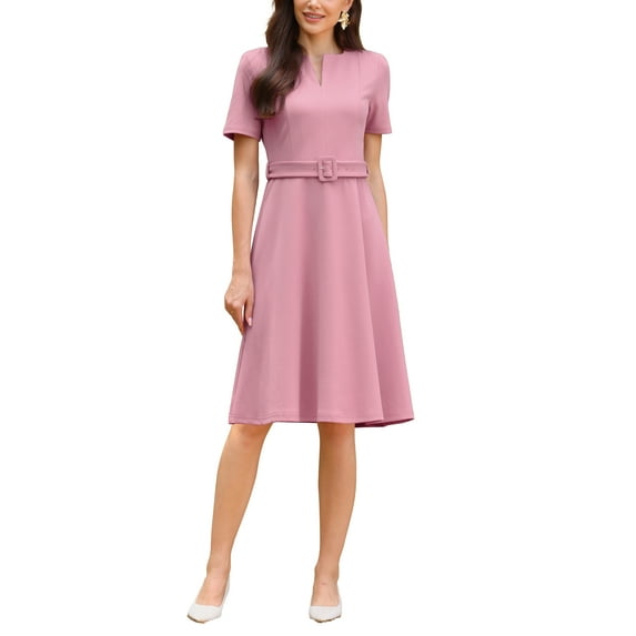 INSPIRE CHIC Women's A-Line Dress with Belted Summer Short Sleeve 2026 Split Neck Dresses L Pink