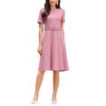 thumbnail image 1 of INSPIRE CHIC Women's A-Line Dress with Belted Summer Short Sleeve 2026 Split Neck Dresses L Pink, 1 of 5