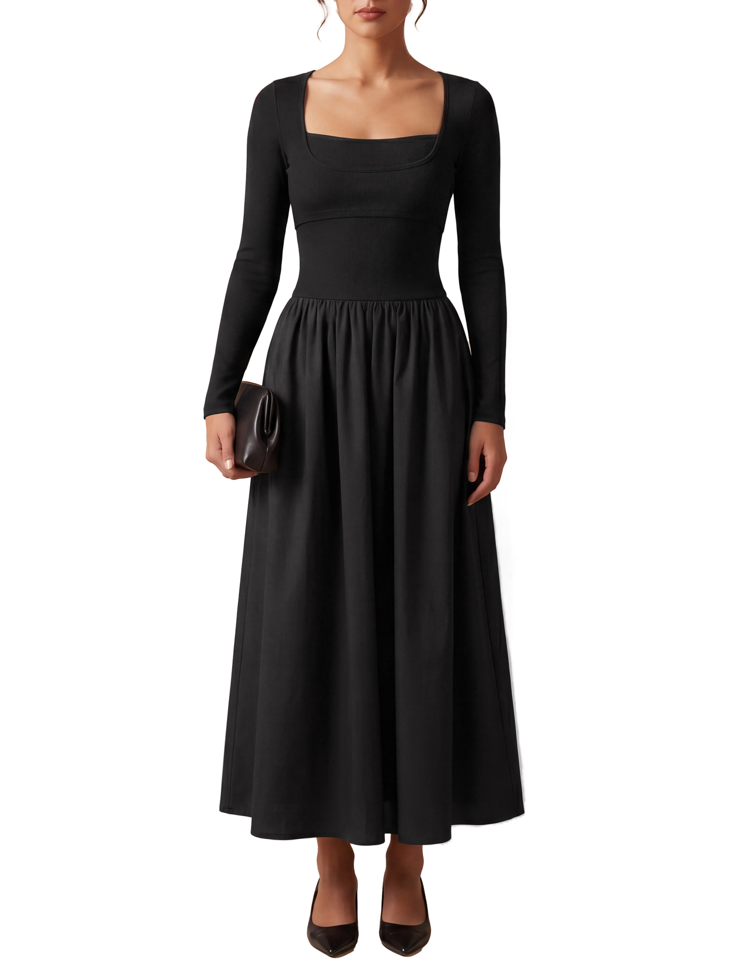 INSPIRE CHIC Women's A Line Dresses Square Neck Long Sleeve Empire Waist Casual Stylish Fall Spring Daily Going Out Faux Maxi Dresses Medium Black
