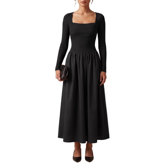 INSPIRE CHIC Women's A Line Dresses Square Neck Long Sleeve Empire Waist Casual Stylish Fall Spring Daily Going Out Faux Maxi Dresses Medium Black