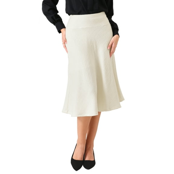INSPIRE CHIC Women's A-Line Fall Elastic Waist Office Midi Tweed Skirts S Beige White