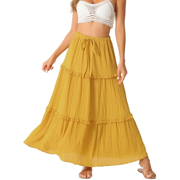 INSPIRE CHIC Women's A Line Maxi Skirt High Waist Ruffle Tiered Belt Lattice Texture Casual Long Skirts M Yellow