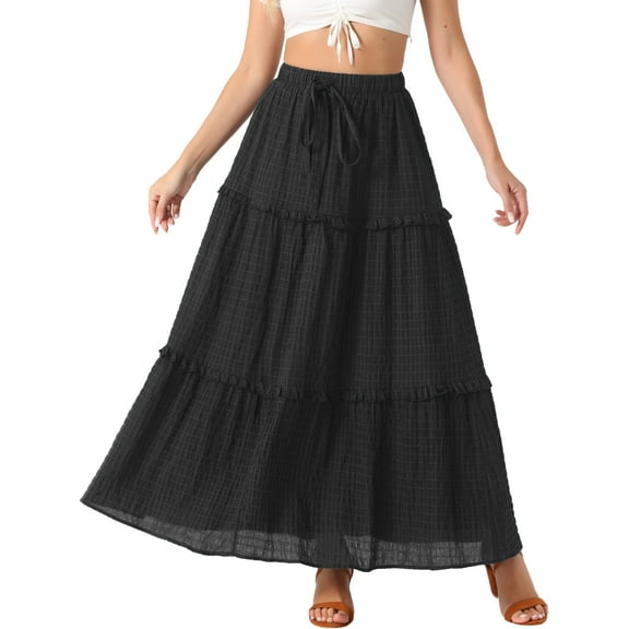 INSPIRE CHIC Women's A Line Maxi Skirt High Waist Ruffle Tiered Belt Lattice Texture Casual Long Skirts S Black