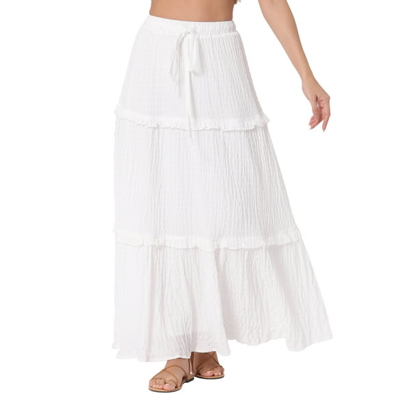 INSPIRE CHIC Women's A Line Maxi Skirt High Waist Ruffle Tiered Belt Lattice Texture Casual Long Skirts S White
