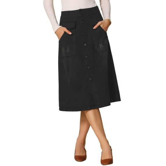 INSPIRE CHIC Women's A-Line Midi Skirts Button Front High Waist Jean Denim Skirt M Black