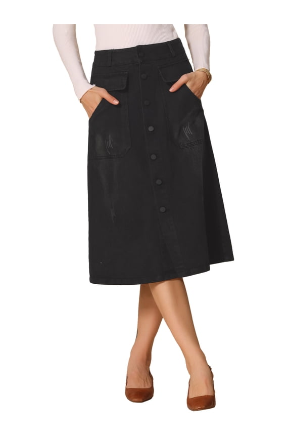 Women's A-Line Midi Skirts Button Front High Waist Jean Denim Skirt XL Black