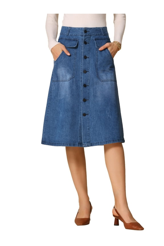 Women's A-Line Midi Skirts Button Front High Waist Jean Denim Skirt XL Blue