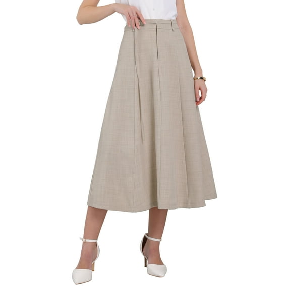 INSPIRE CHIC Women's A-Line Skirt Elastic High Waist Maxi Skirt with Pockets S Beige