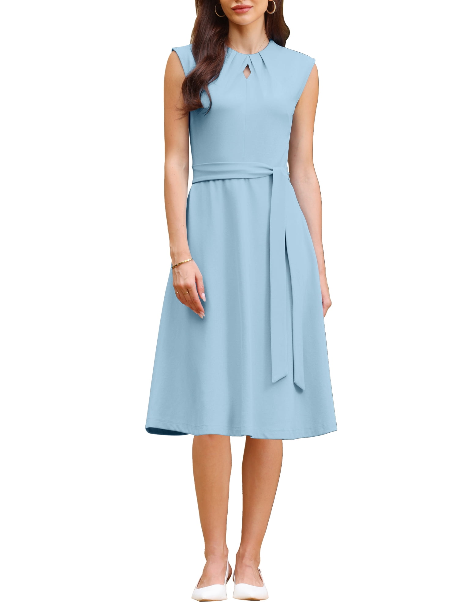 INSPIRE CHIC Women's A-Line Sleeveless Dress Pleated Neck Tie Waist Summer  Work Flare Dresses L Light Blue