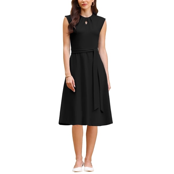 INSPIRE CHIC Women's A-Line Sleeveless Dress Pleated Neck Tie Waist Summer Work Flare Dresses S Black