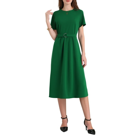INSPIRE CHIC Women's A-Line Summer Dress Crew Neck Short Sleeve Belted Casual Work Flare Dresses S Green