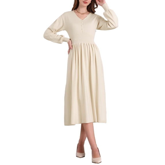 INSPIRE CHIC Women's A-Line Sweater Dress 2025 V Neck Long Sleeve Ribbed Knit Dresses S Beige
