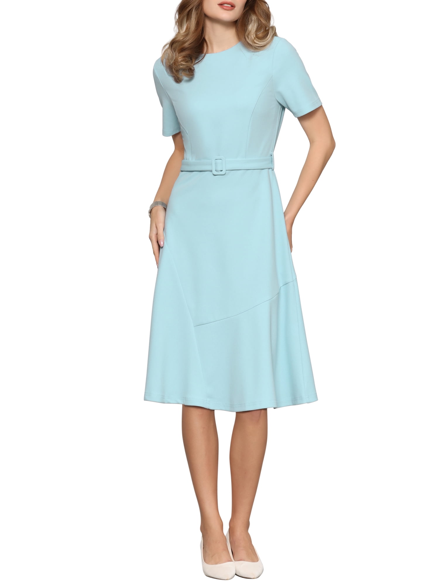 Inspire Chic Women's A Line Work Dress Short Sleeve Crew Neck Ruffle Flare Dresses with Belted S Light Blue Inspire Chic Women's A Line Work Dress Short Sleeve Crew Neck Ruffle Flare Dresses with Belted S Light Blue