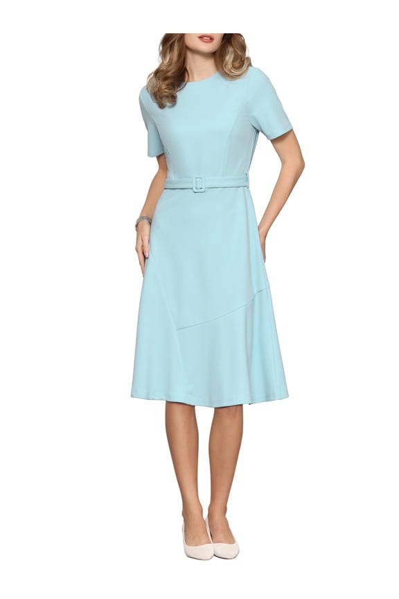 Women's A Line Work Dress Short Sleeve Crew Neck Ruffle Flare Dresses with Belted S Light Blue