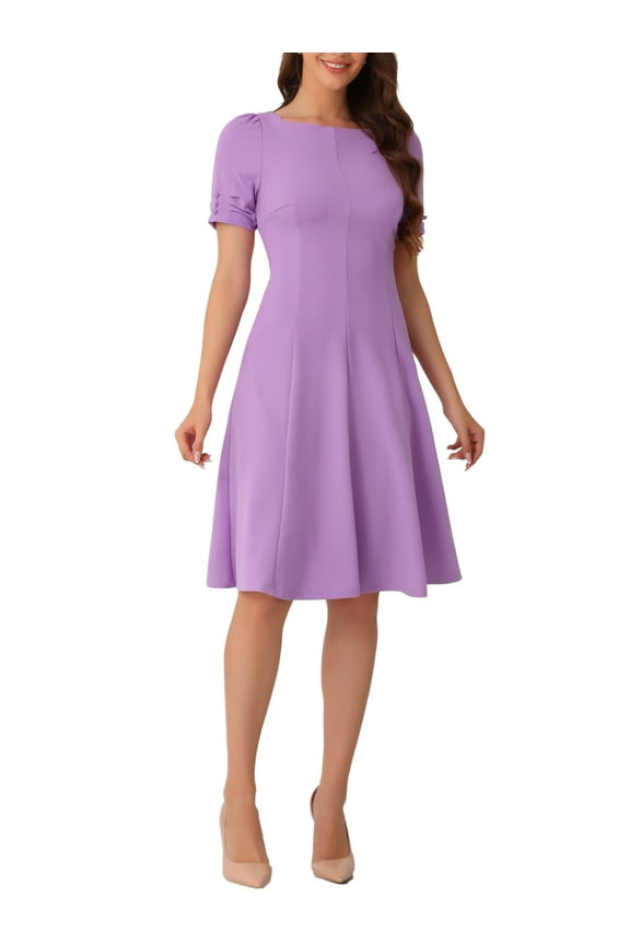 Edition Women's A-Line Work Square Neck Ruched Short Sleeve Midi Dress S Lavender
